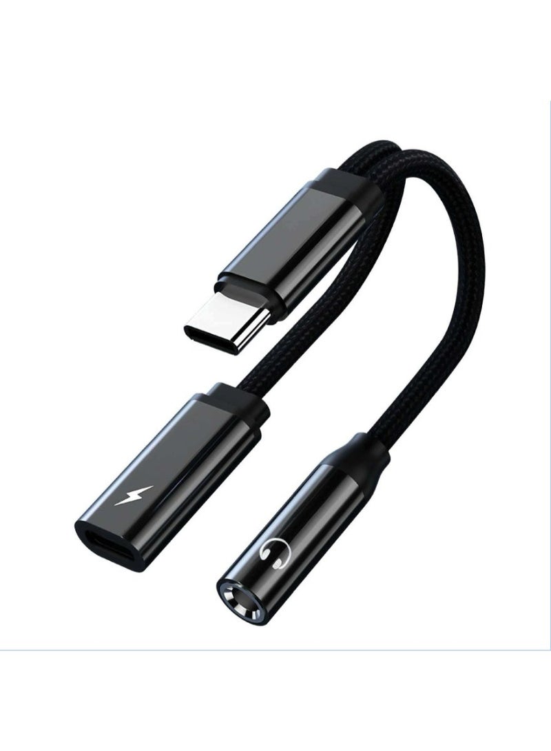 محول USB-C إلى سماعة رأس 3.5 مم ومحول شحن، منفذ شحن USB-C PD 3.0 2 في 1 إلى منفذ صوت إضافي، يدعم الشحن السريع/المكالمات، كابل متعدد الوظائف، متوافق مع Apple iPhone 15 والإصدارات الأحدث، Samsung Galaxy S21+ Ultra والإصدارات الأحدث (أسود) - Image 1